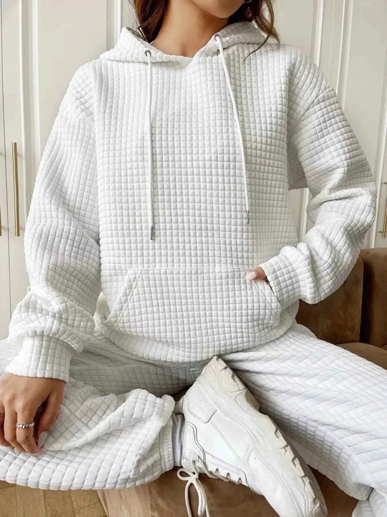 Waffle Knit Hoodie with Drawstring Details White c3a9575317254b15a9e8412035353e2f-Max-Origin