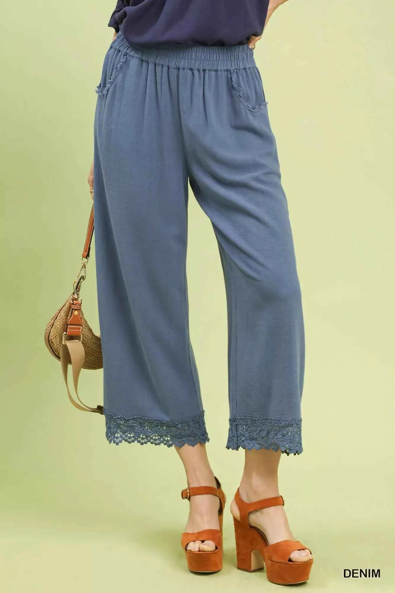 Umgee Linen Wide Leg Cropped Pants with Lace Trim DENIM c3ae166d-9e3e-4618-9306-dec6dc1a644e-Max-Origin