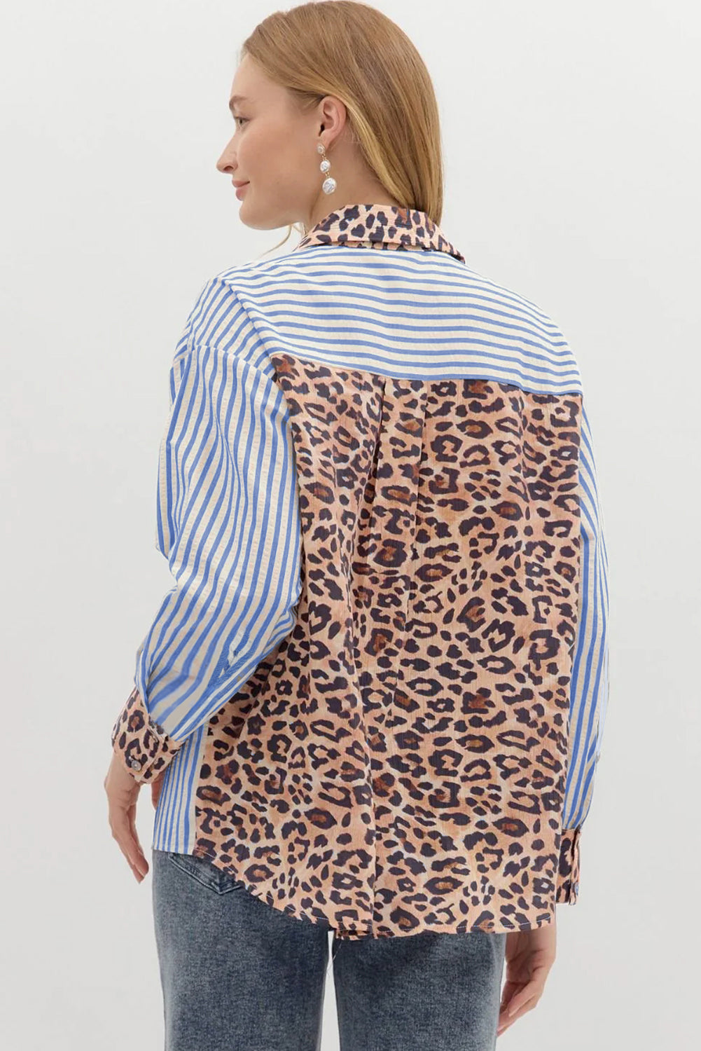 Sky Blue Leopard and Striped Patchwork Button Shirt c3af105ee6902441