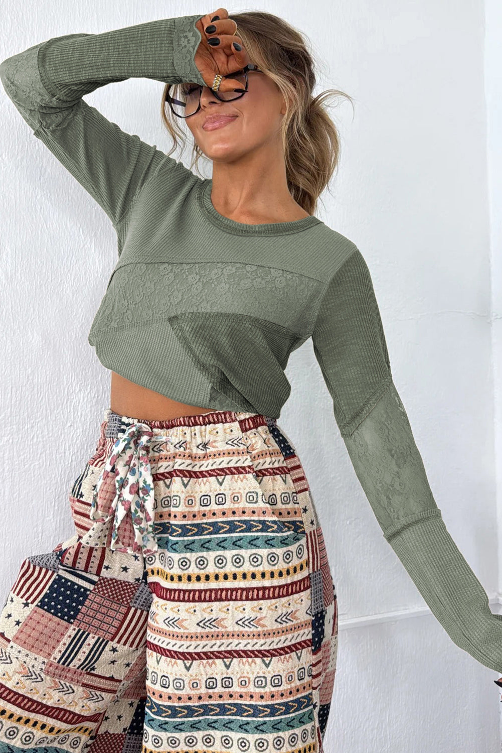 Sage Green Solid Color Waffle Ribbed Lace Patchwork Long Sleeve Top c3b124323de51fae