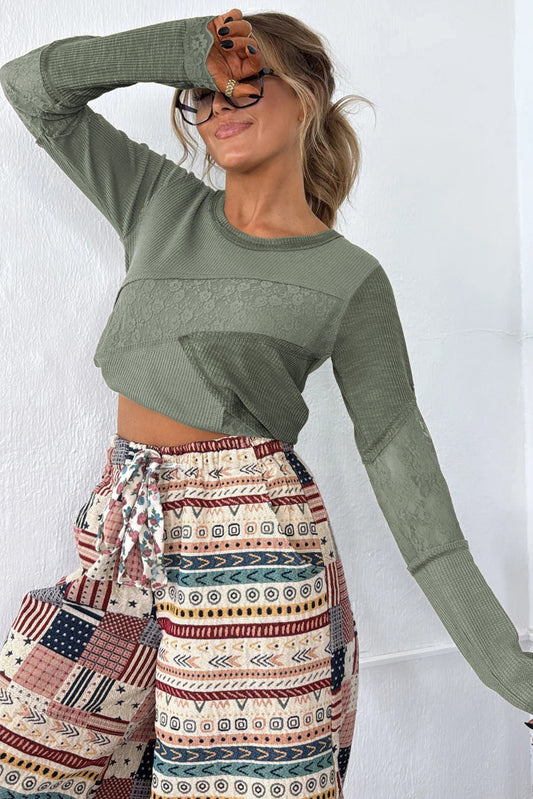 Sage Green Solid Color Waffle Ribbed Lace Patchwork Long Sleeve Top c3b124323de51fae