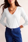 White Plain V Neck Long Sleeve Top White 65%Polyester+30%Viscose+5%Elastane c3b27d220ac21207