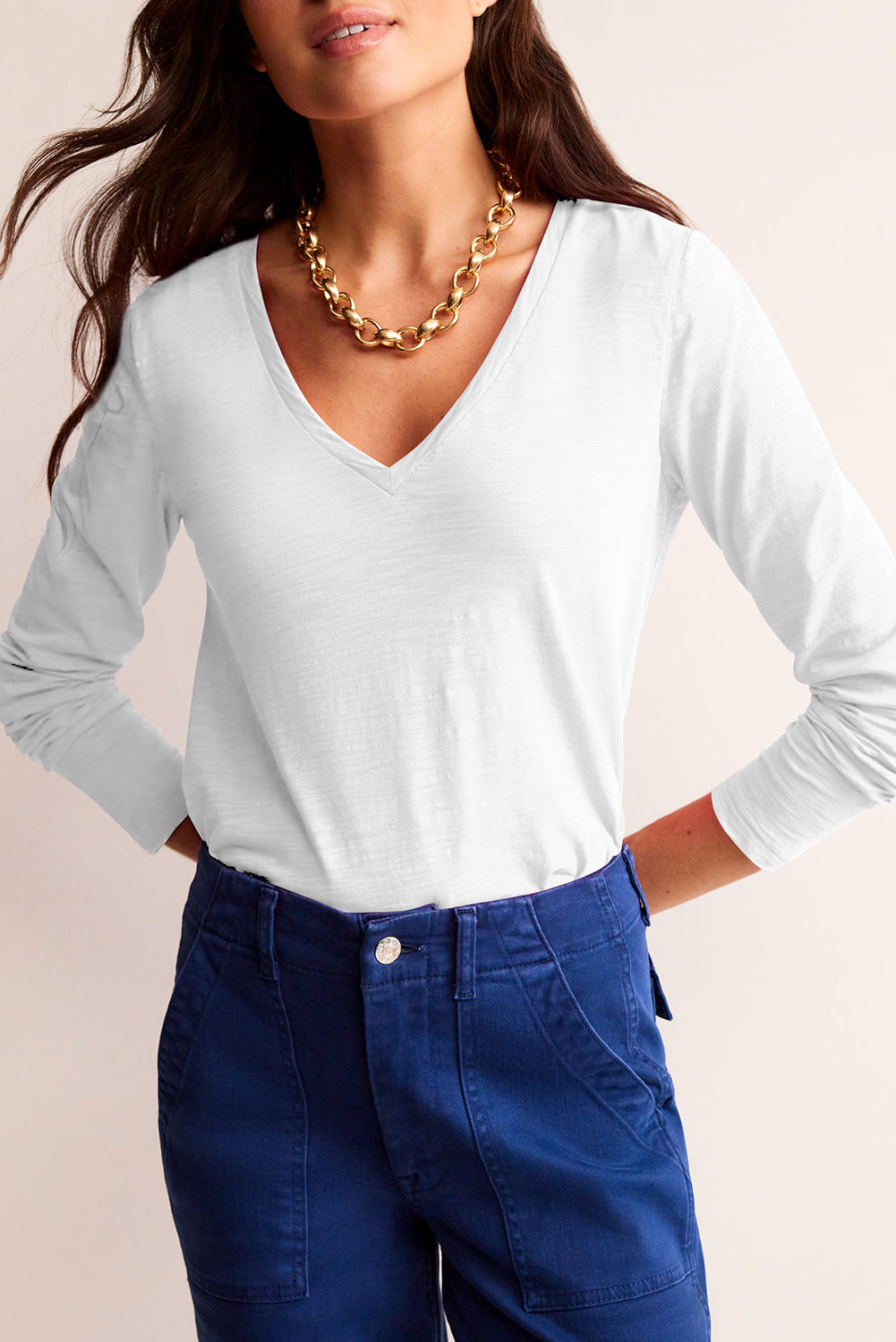 White Plain V Neck Long Sleeve Top White 65%Polyester+30%Viscose+5%Elastane c3b27d220ac21207