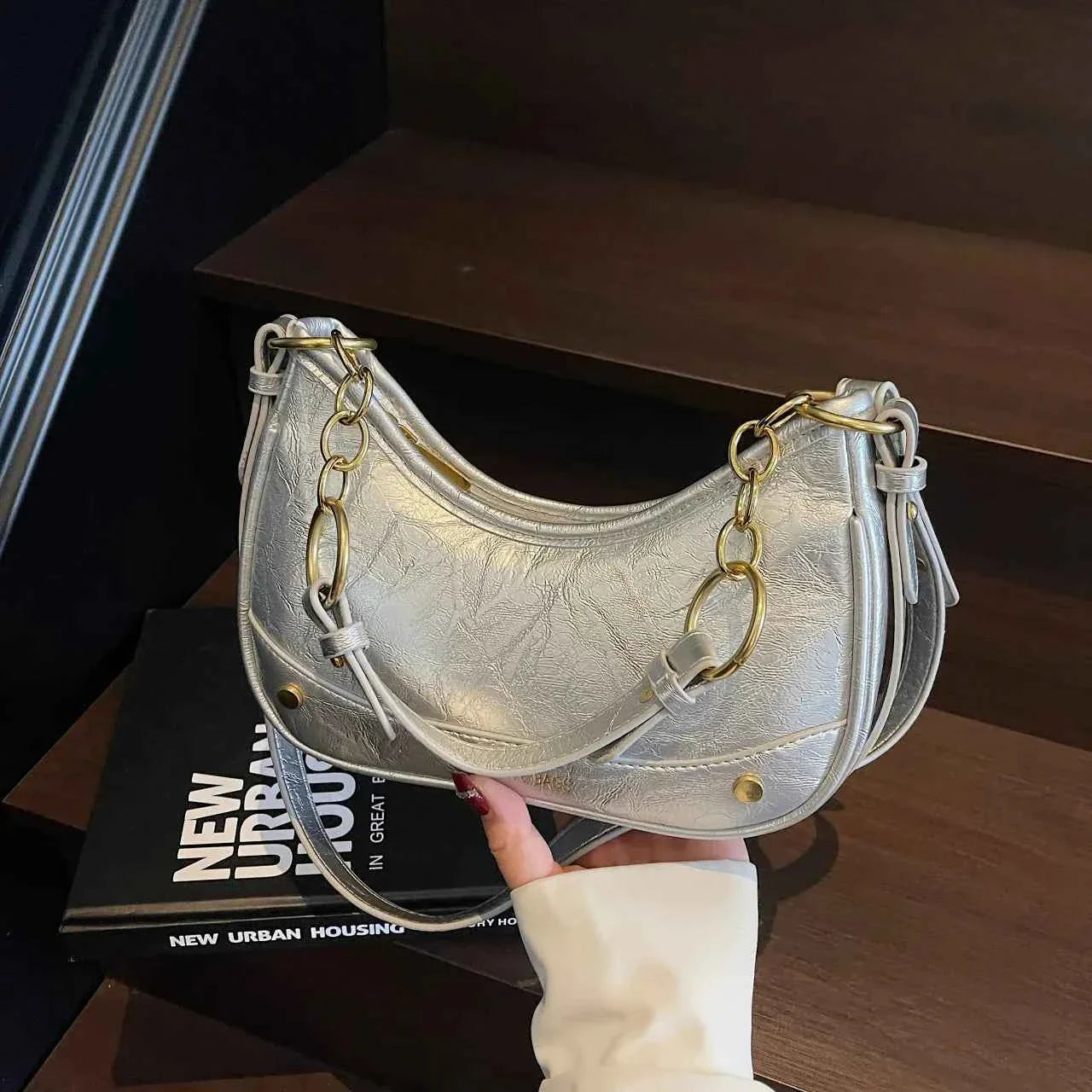 Leather Crescent Shoulder Bag Silver onesize c3b2e24b9f0a46f2af707b04a881faa4-Max-Origin
