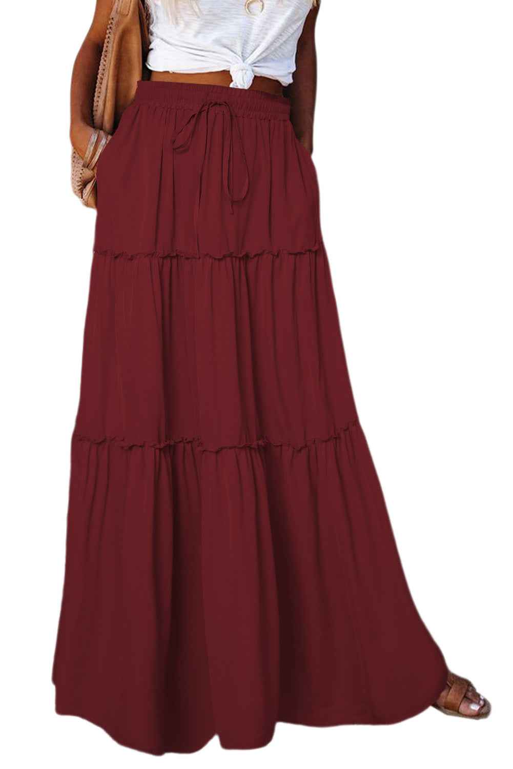 Fiery Red Black Frill Tiered Drawstring Waist Maxi Skirt c3b7587790eb0c63