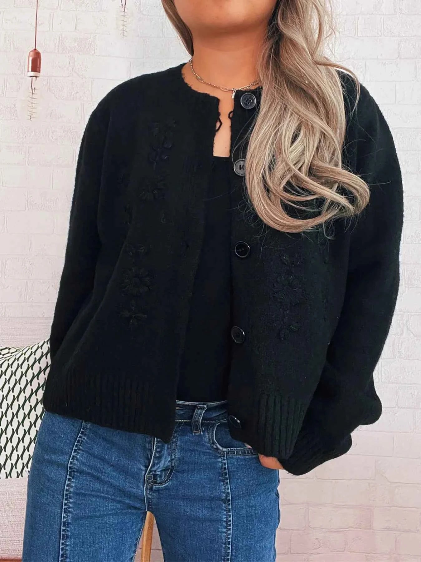 Flower Button Up Ribbed Hem Cardigan Black One Size-Regular c3b9af86b8ba45fdaf3aad00181d4fcf-Max-Origin