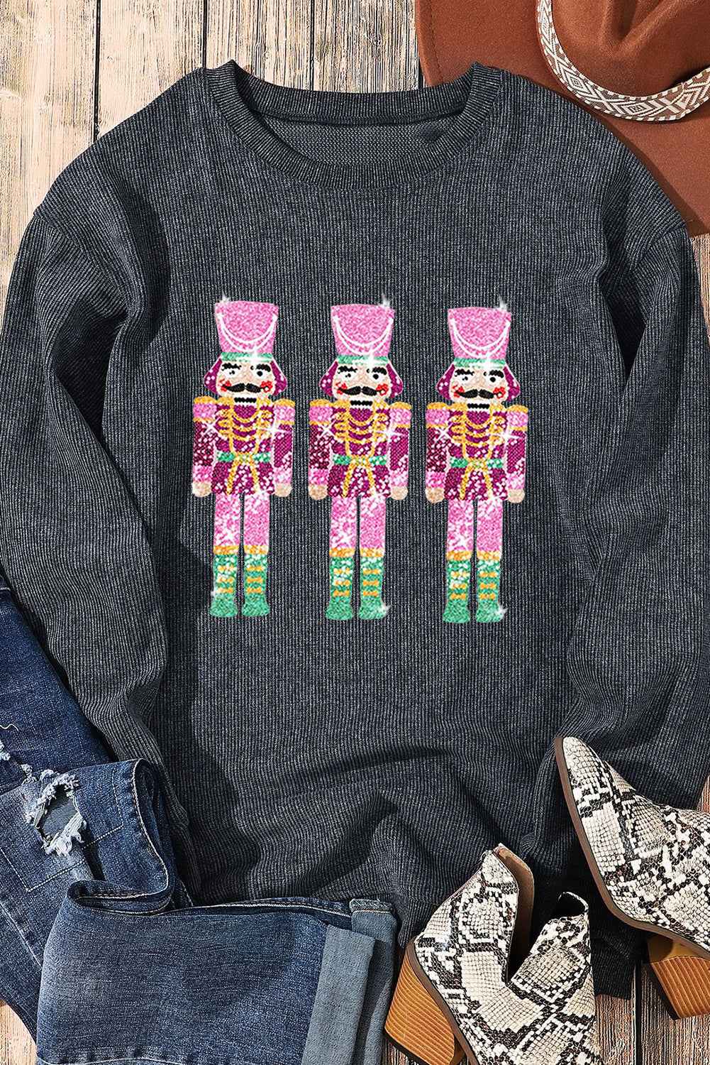 Black Nutcracker Graphic Sequins Patch Mineral Wash Corded Sweatshirt c3ba13f648bf4da3
