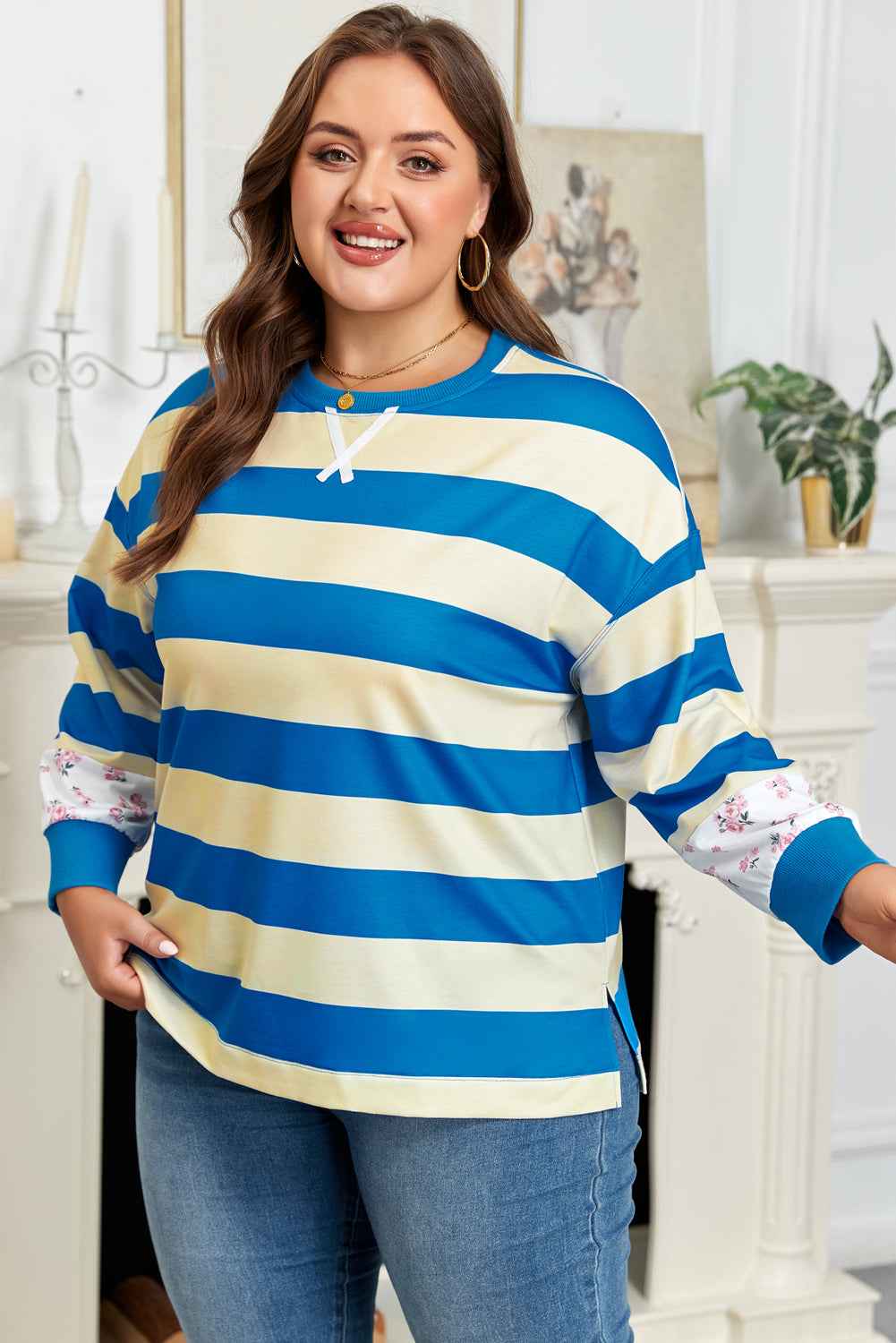 Blue Stripe Floral Color Block Drop Shoulder Plus Size Pullover Top c3ba6421b6a80cca