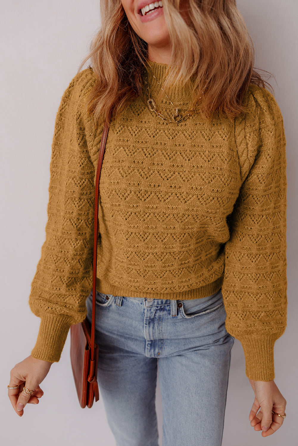 Jurassic Gold Hollow Out Crochet Ribbed Edge Balloon Sleeve Sweater c3bbcbe1f5aa73d9
