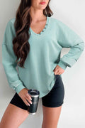 Mist Blue Mineral Wash Exposed Seam Buttoned V Neck Pullover Top Mist Blue 85%Cotton+15%Polyester c3bc5c41576d2df0