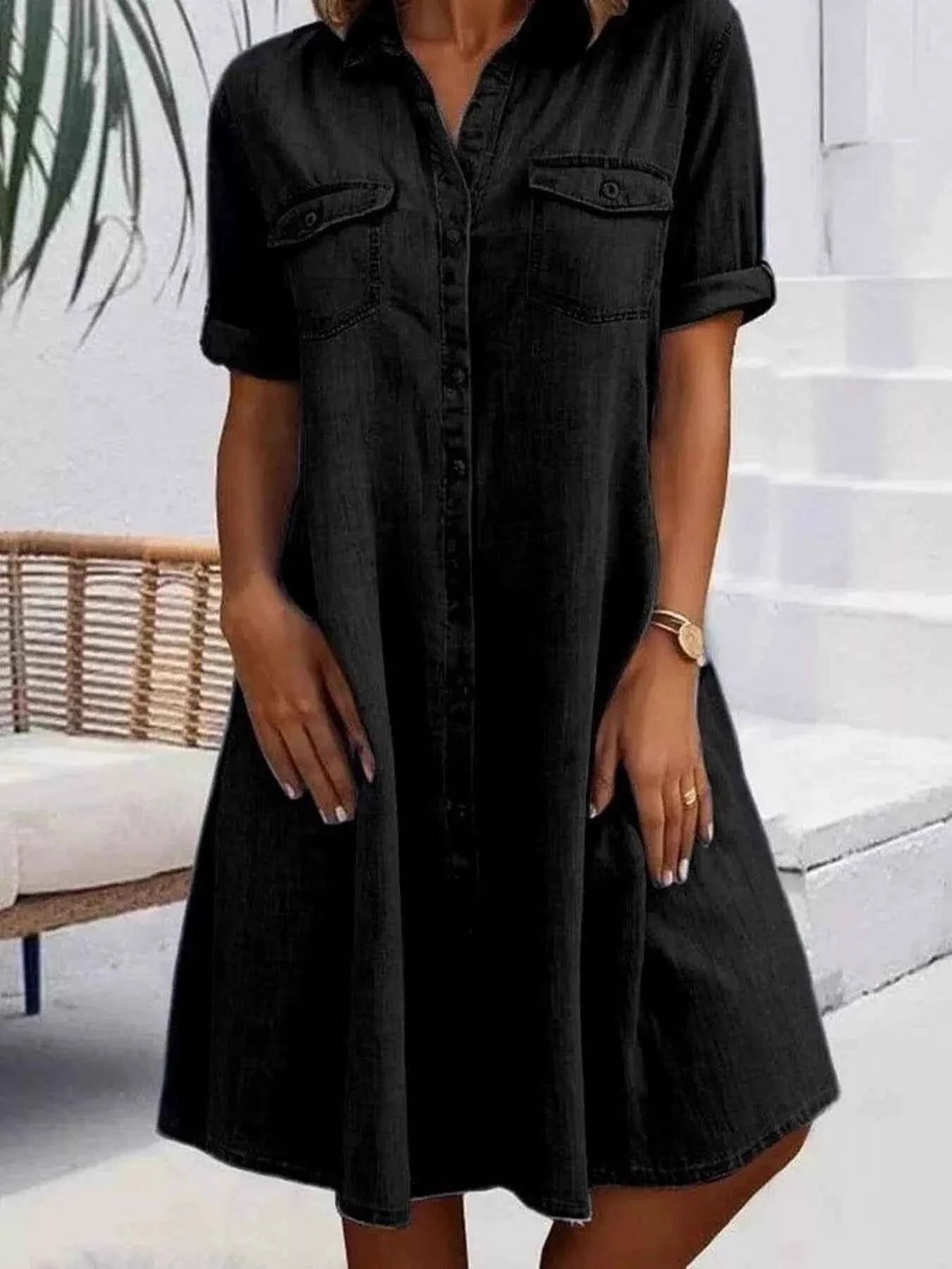 Full Size Button-Front Short Sleeve Denim Dress Plus Size Black c3bcf0ec-3a4d-43c8-880b-48abf9e216de-Max-Origin