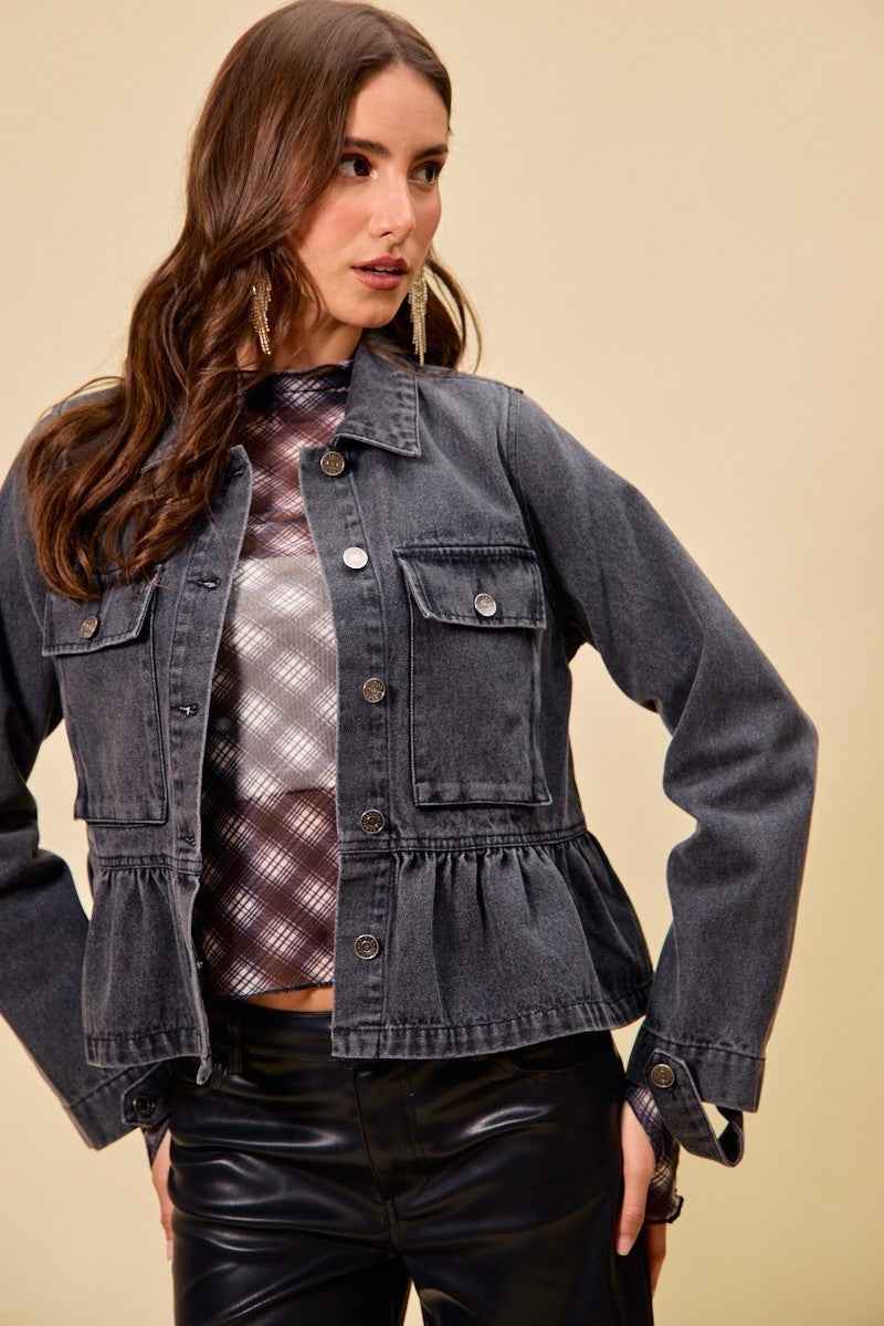 SO ME Denim Peplum Hem Front Button Jacket With Pockets c3c159c5d8f04b9ea94bd3887eef502e-Max