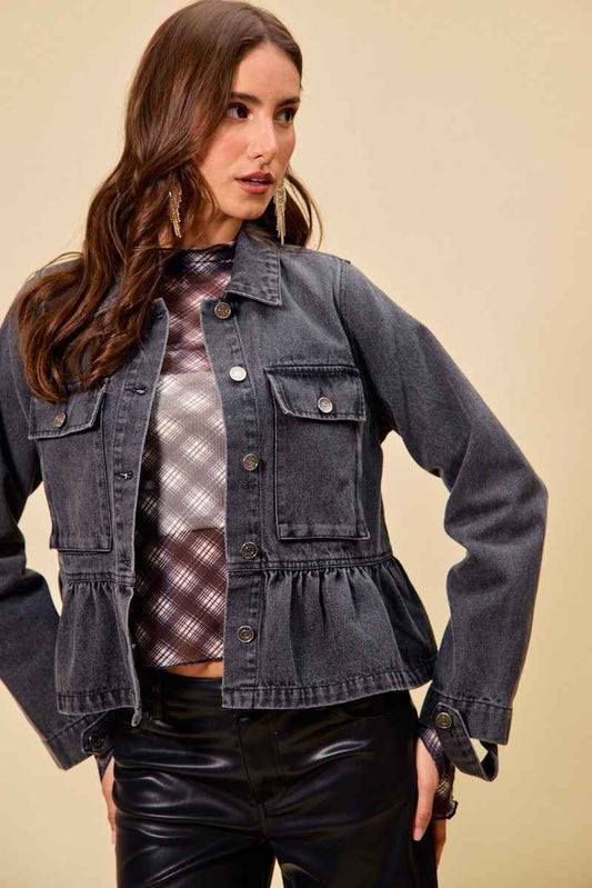 Denim Peplum Hem Front Button Jacket With Pockets c3c159c5d8f04b9ea94bd3887eef502e-Max