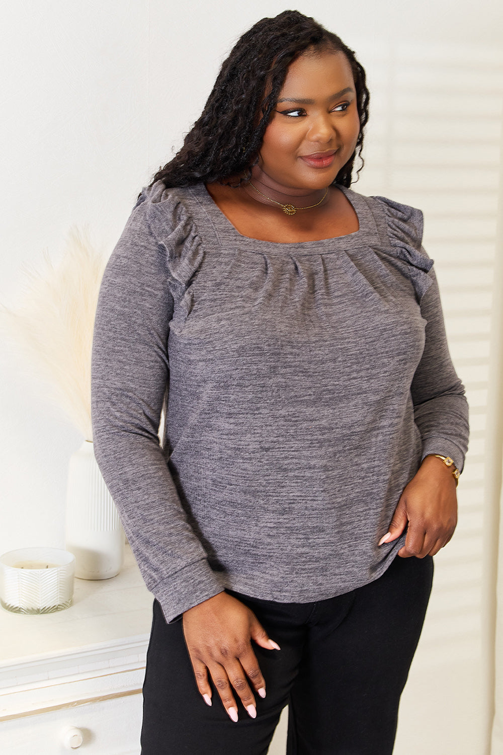 Double Take Square Neck Ruffle Shoulder Long Sleeve T-Shirt Dark Gray c3cd3eb4fe0345eaa9f59c7bb0153b64-Max