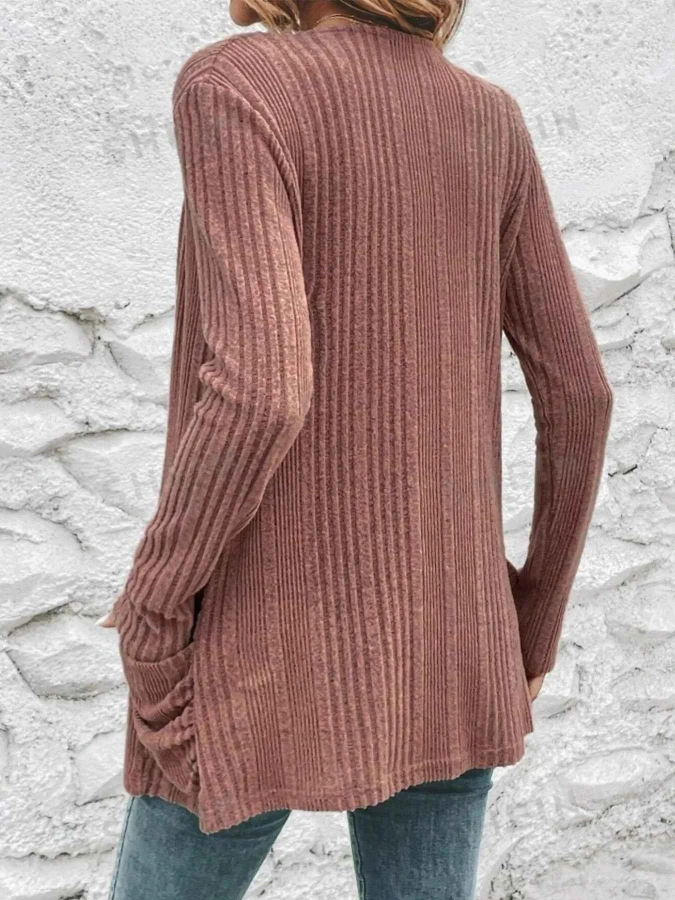 Ribbed Open Front Long Cardigan with Pockets c3cde80405464024b4a55814f9927e1e-Max-Origin