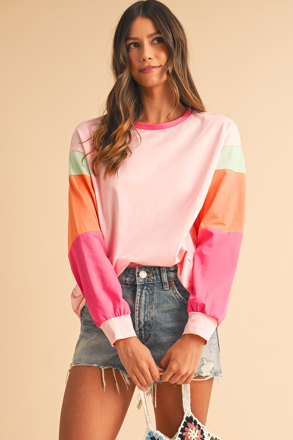 Green Color Block Sleeve Loose Fit Top c3d3864899ff4913