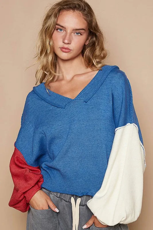 POL Exposed Seam Contrast V-Neck Lantern Sleeve Sweater Royal Blue c3d6dc97-04fc-4748-943a-feff93b29f38-Max