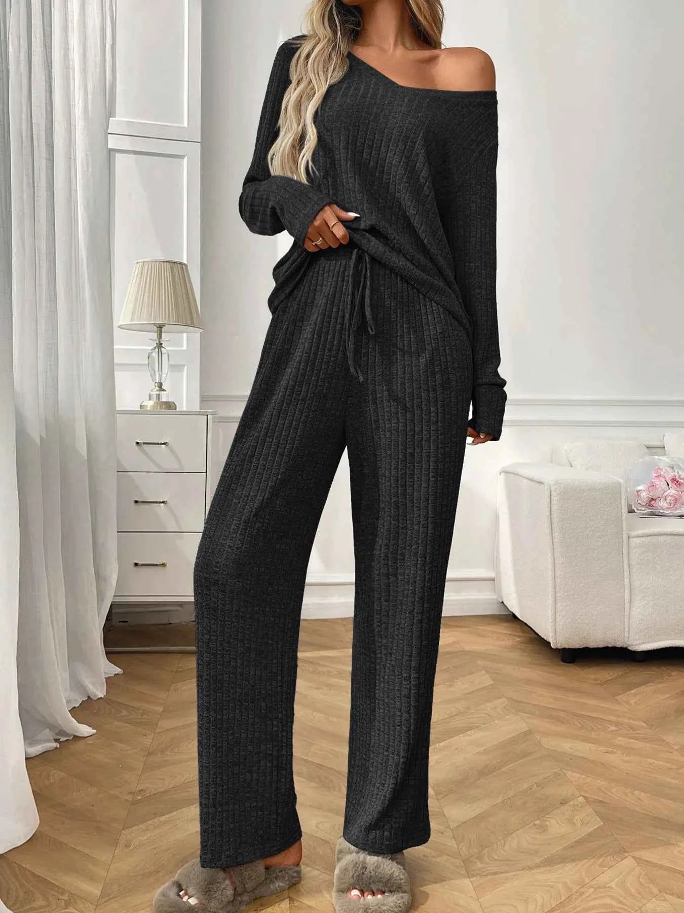 Ribbed Long Sleeve Top and Pants Lounge Set Black Gray c3da8b70755b41a9b743da7b57d42817-Max-Origin