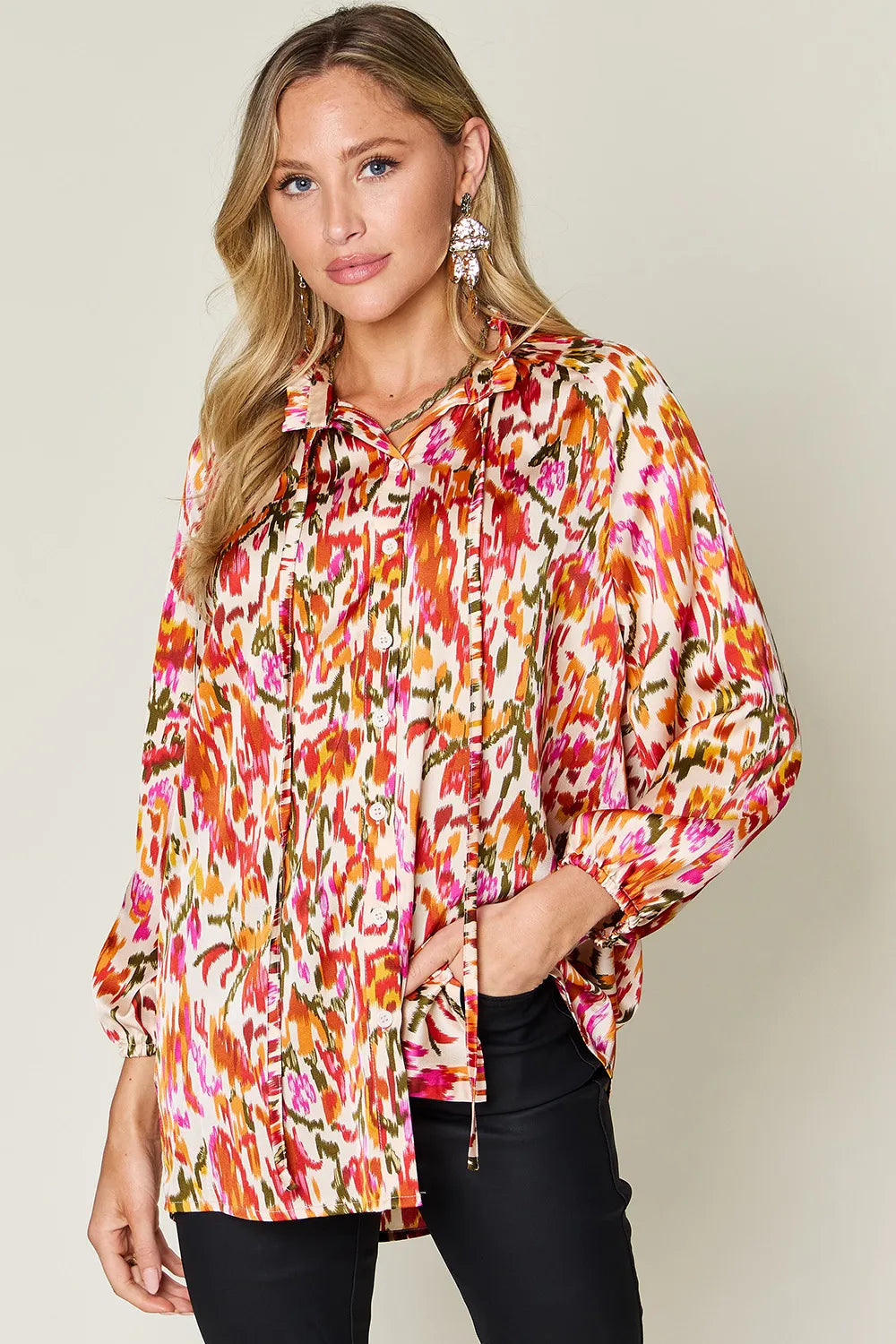 Double Take Full Size Printed Button Up Long Sleeve Shirt Tangerine c3dae638-58bb-4cf1-90ca-541d1023b4d4-Max