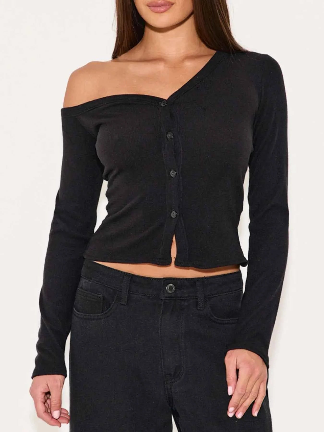 Asymmetrical Neck Button Up Cardigan Black c3dca7f3-961a-43cb-86fb-25702c1995fd-Max-Origin