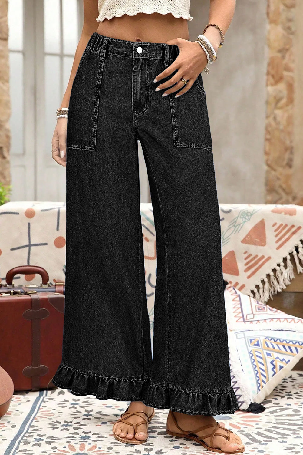 Black Plus Size Elastic Waist Ruffled Wide Leg Denim Pants c3de6ab4617624b3