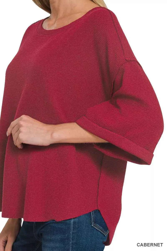 Double Knit Exposed Seam Curved Hem Top c3df9b95e6034496b8595801a0486529-Max-Origin