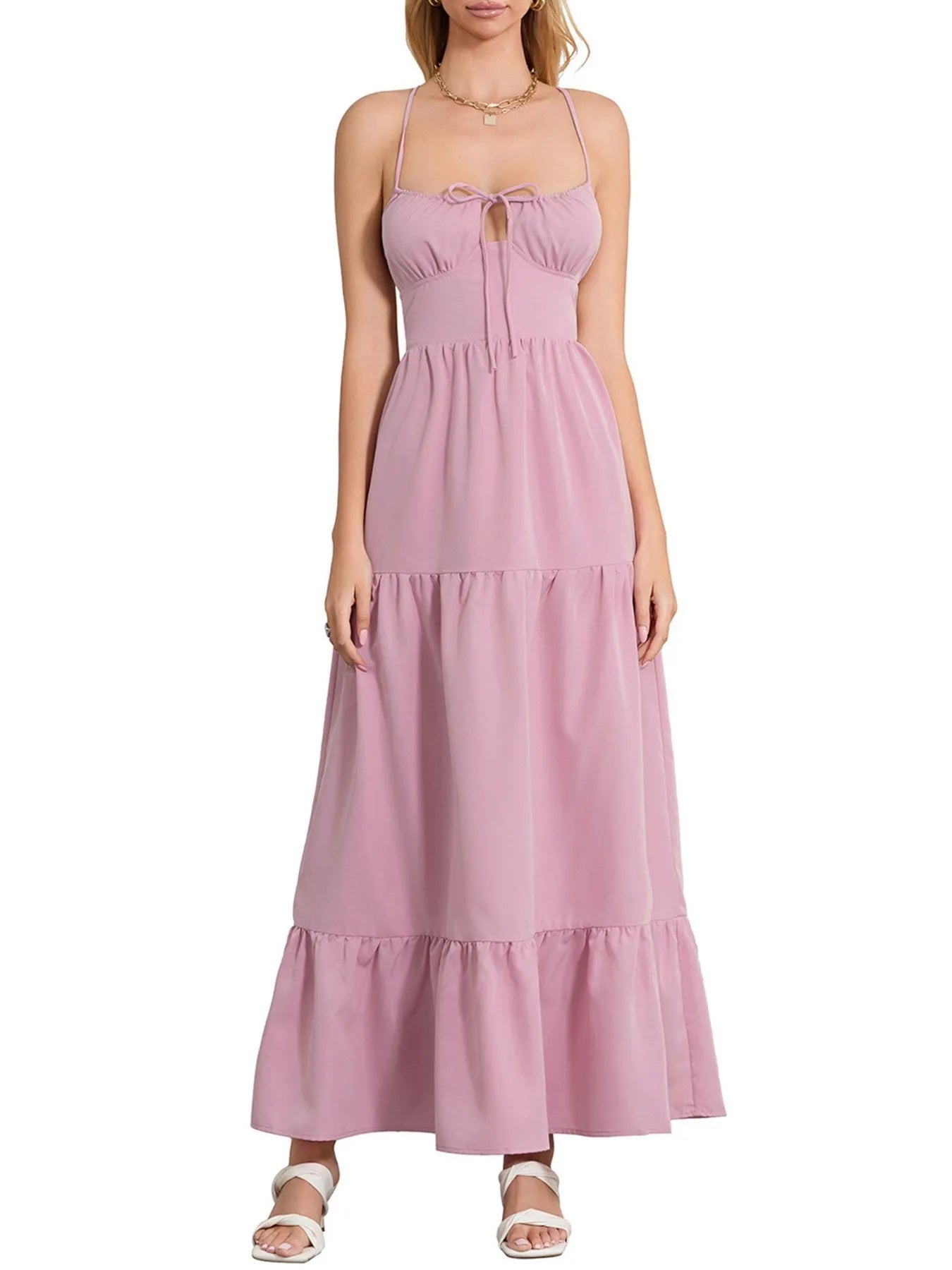Tiered Lace Up Spaghetti Straps Maxi Dress Pink c3e10dff-12b5-44d5-b2bf-59edc0567a99-Max-Origin