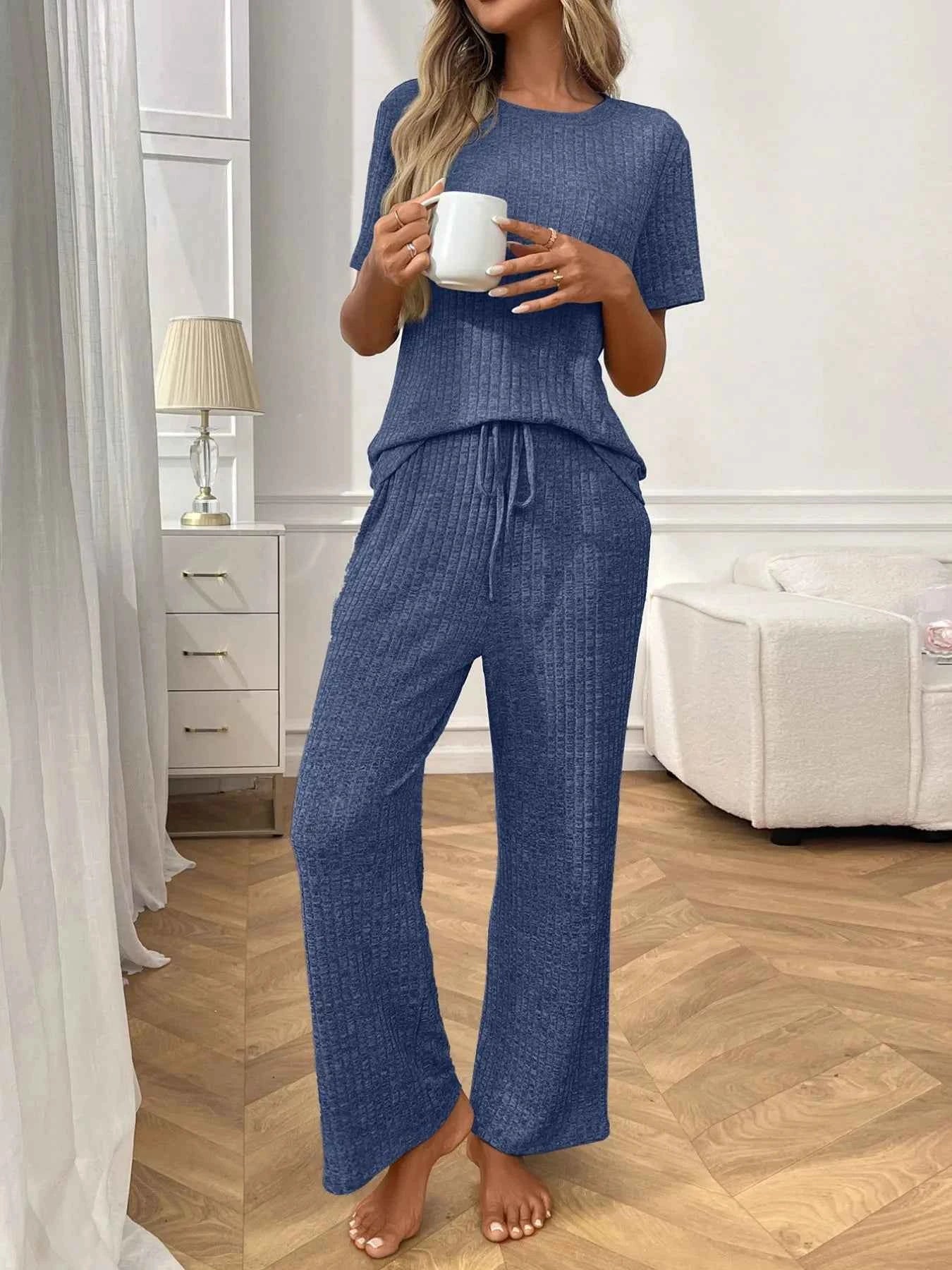 Ribbed Knit Short Sleeve Top and Pants Lounge Set Blue c3e16479-50d2-4e68-a23d-e737d19b5a74-Max-Origin