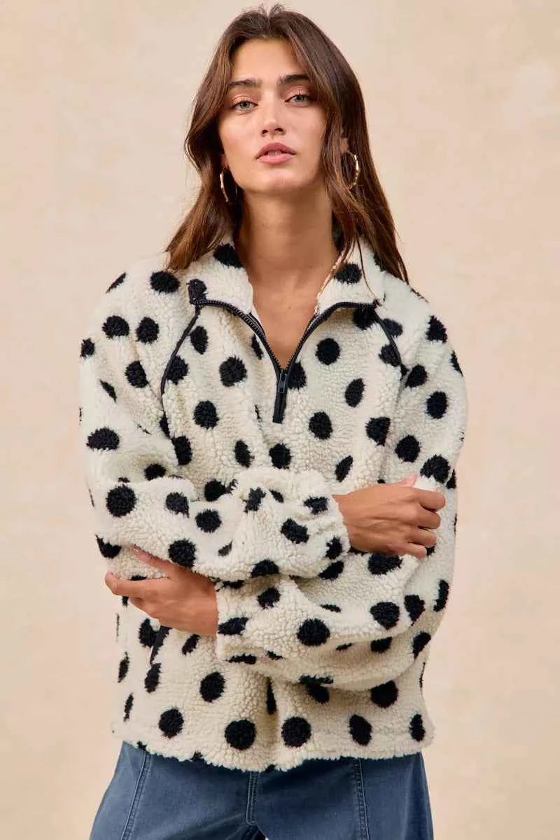 Polka Dot Sherpa Half Zip Up Top with Side Pocket c3e90505-527e-4352-abe1-236d08a7de9e-Max-Origin