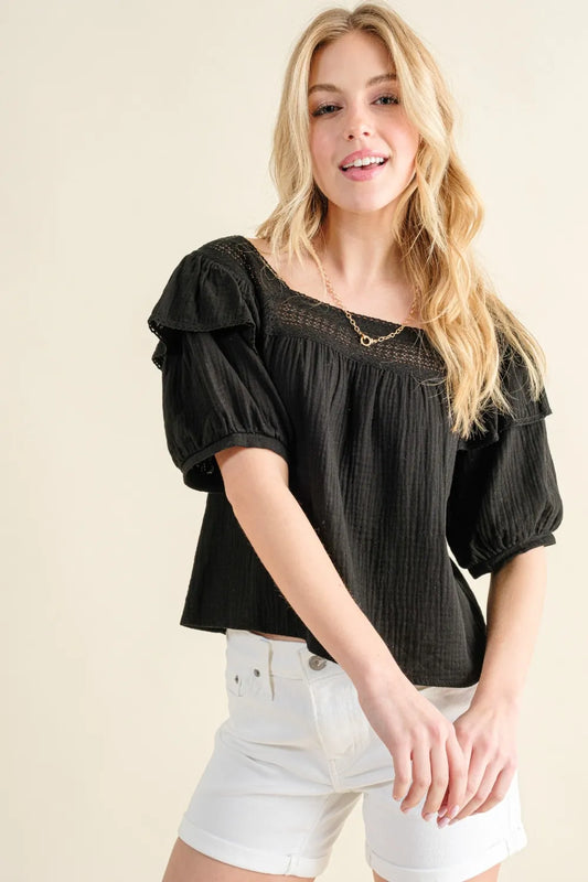 Square Neck Ruffled Eyelet Blouse - 100% Polyester Ruched Top c3e906fe-85fd-4398-b4c8-f157c7891e66-Max