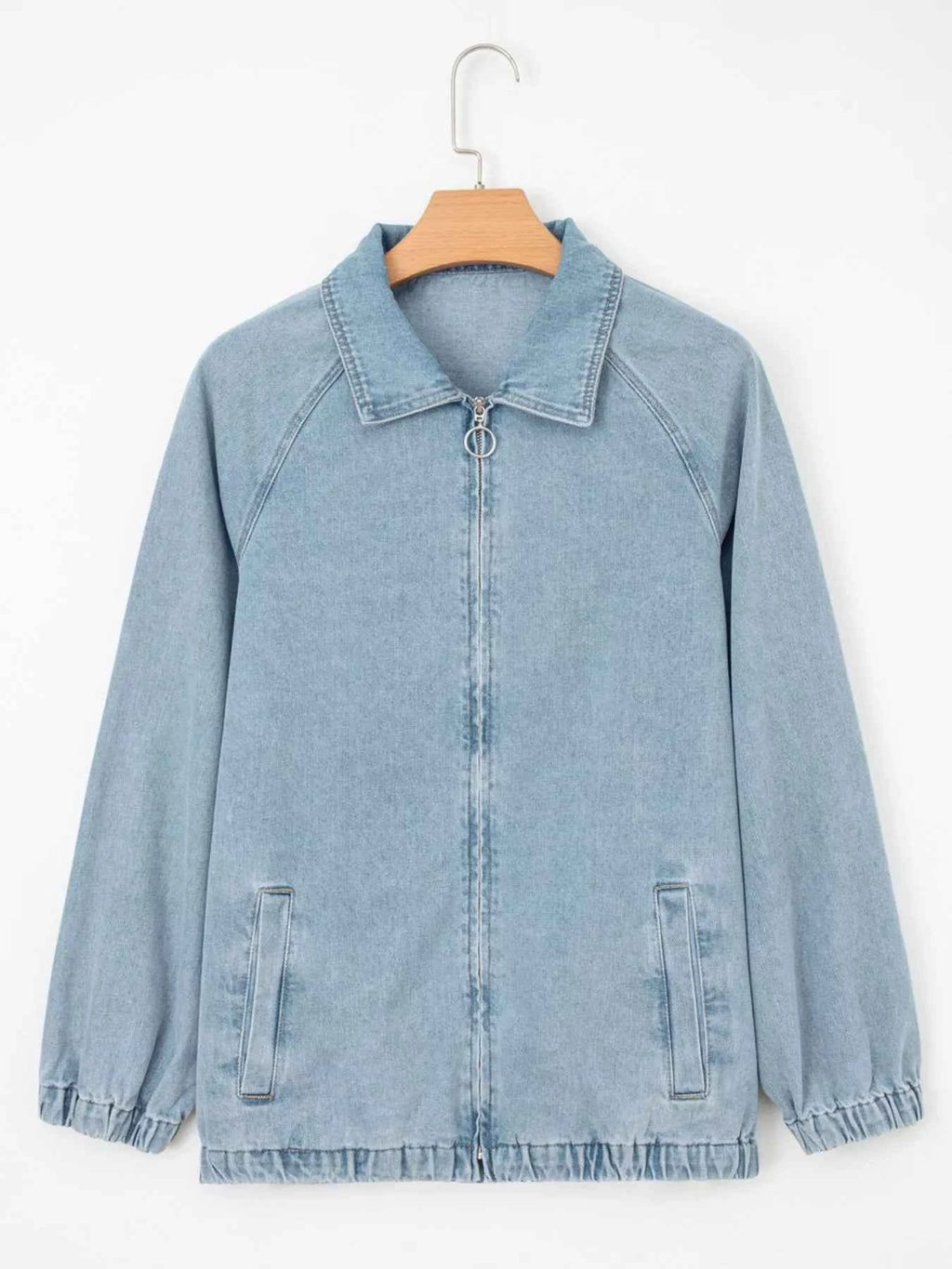 Elastic Edge Collared Zip Up Denim Jacket With Pocket c3ea07bc-a7b4-498e-a88d-b44ad287f0a7-Max-Origin