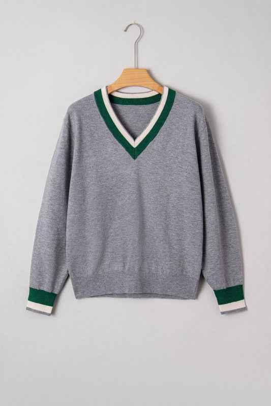 Scarlett Striped Trim Varsity Sweater Gray c3f33c66-9166-4442-ace4-f6a6ceb7250e