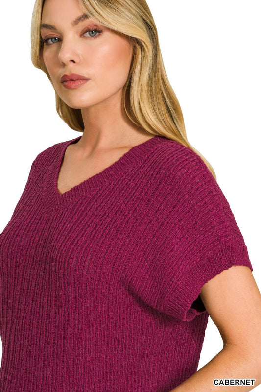 Textured Knit V-Neck Cropped Sweater c3f73540ad4e455da04f08b05c1ce923-Max