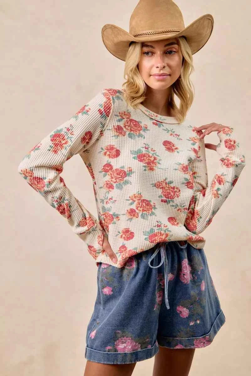 BiBi Floral Print Washed Waffle Thermal Top With Thumb c3fa9bf7fb5d4fa9abe2d776f36c9e07-Max-Origin