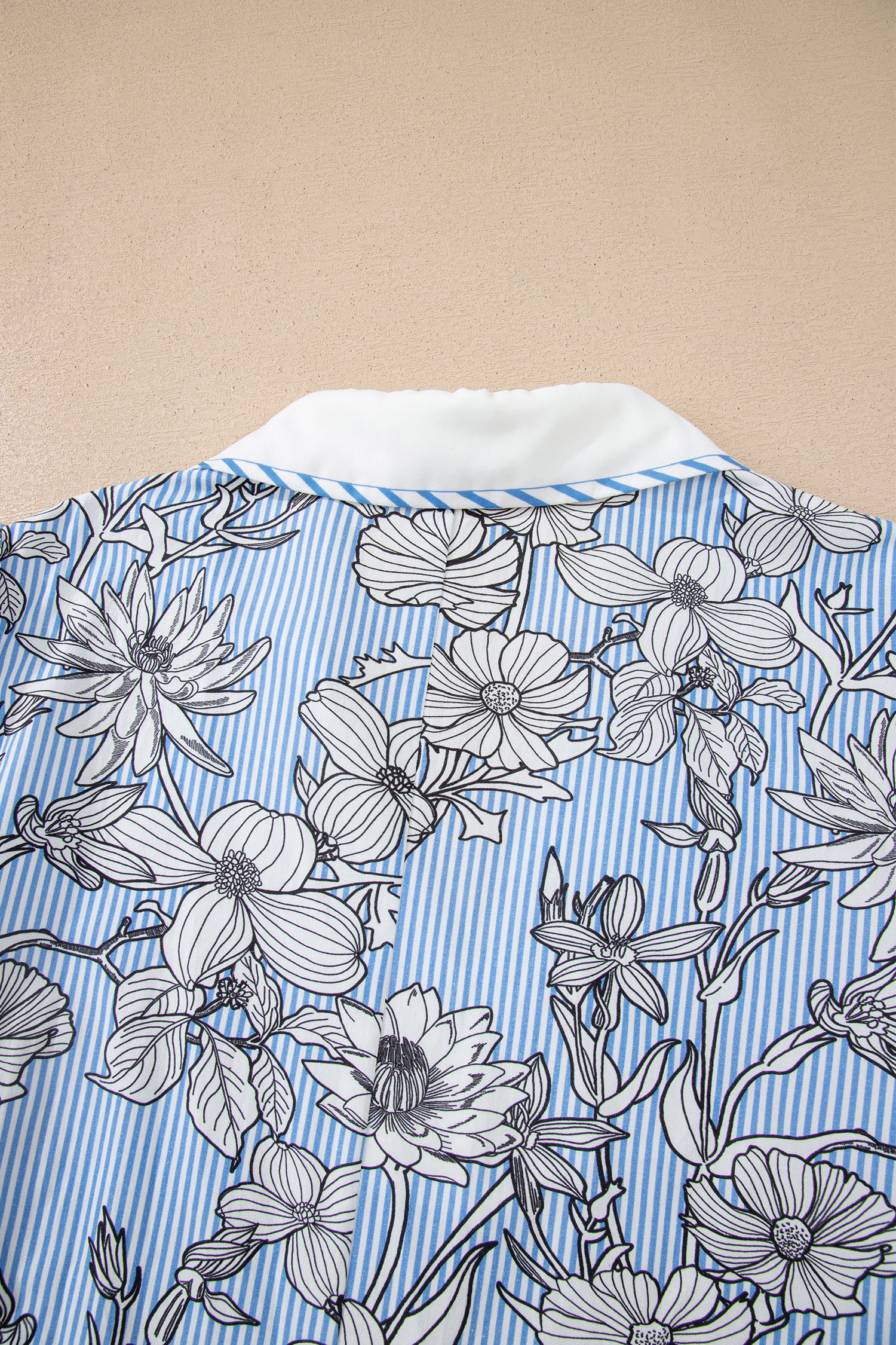 Sky Blue Floral Striped Printed Polo Collar Short Sleeve Blouse c3fcfcb86ad69c9c