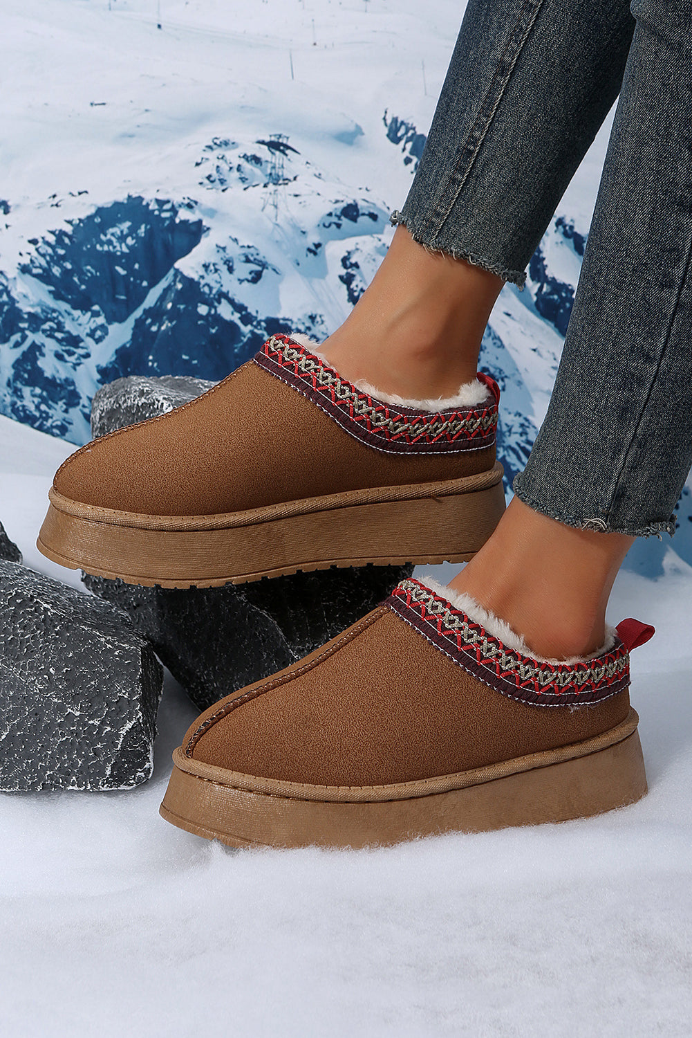 Chestnut Suede Contrast Print Round Toe Plush Lined Flats c3ff644d53ad6db6
