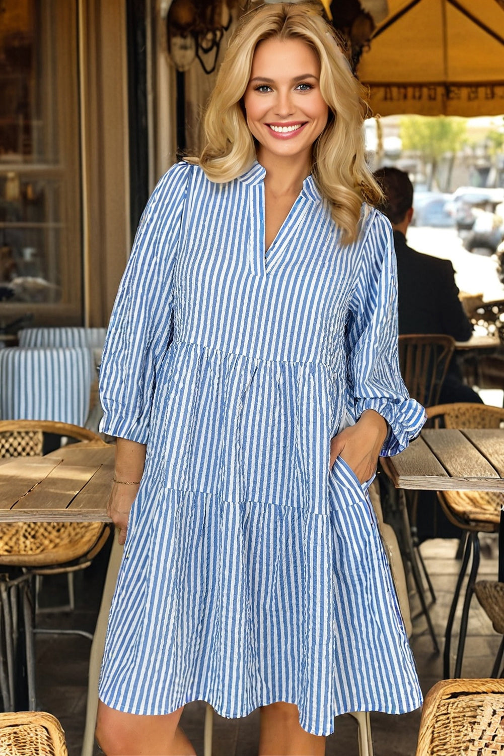 Sky Blue Striped Textured Bracelet Sleeve Tiered Mini Dress c403384aee490479