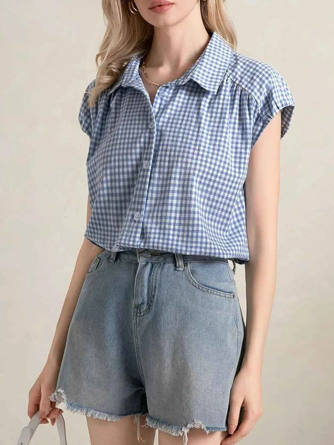 Plaid Button Up Cap Sleeve Shirt c406e44a-1492-40ef-a01d-ded45fa602bc-Max-Origin