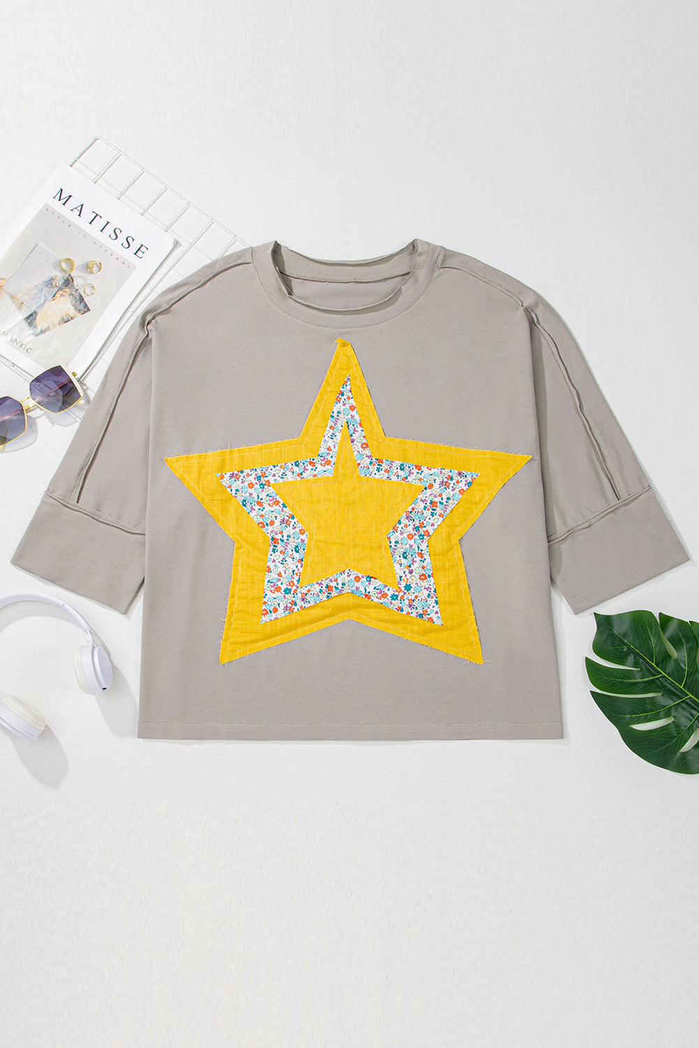 Medium Grey Floral Star Patched 3/4 Sleeve Plus Size Top c40e0f877e2760bc