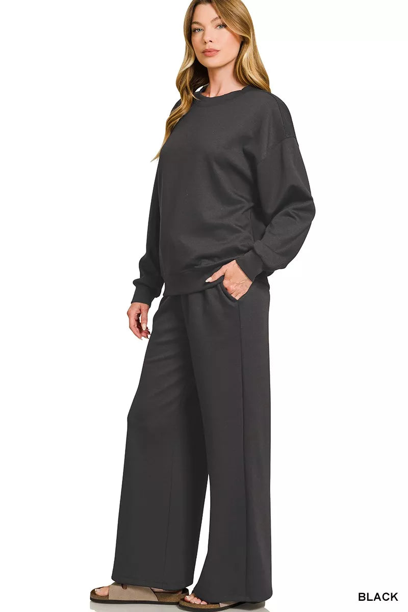 Zenana Scuba Crewneck Pullover and Pants Set BLACK c411182e3fd648d59f9798d920a66b90-Max-Origin