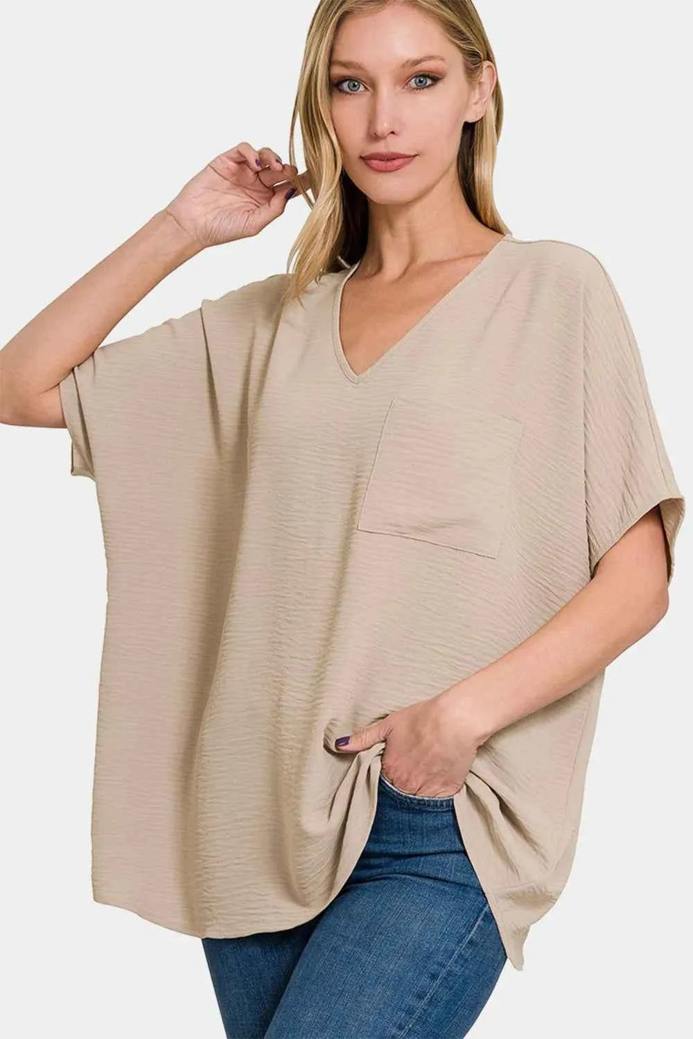 Zenana Full Size Texture V-Neck Short Sleeve Top LT MOCHA c415f8d8-fe40-4d9b-a4c8-c33ecb07b27e-Max