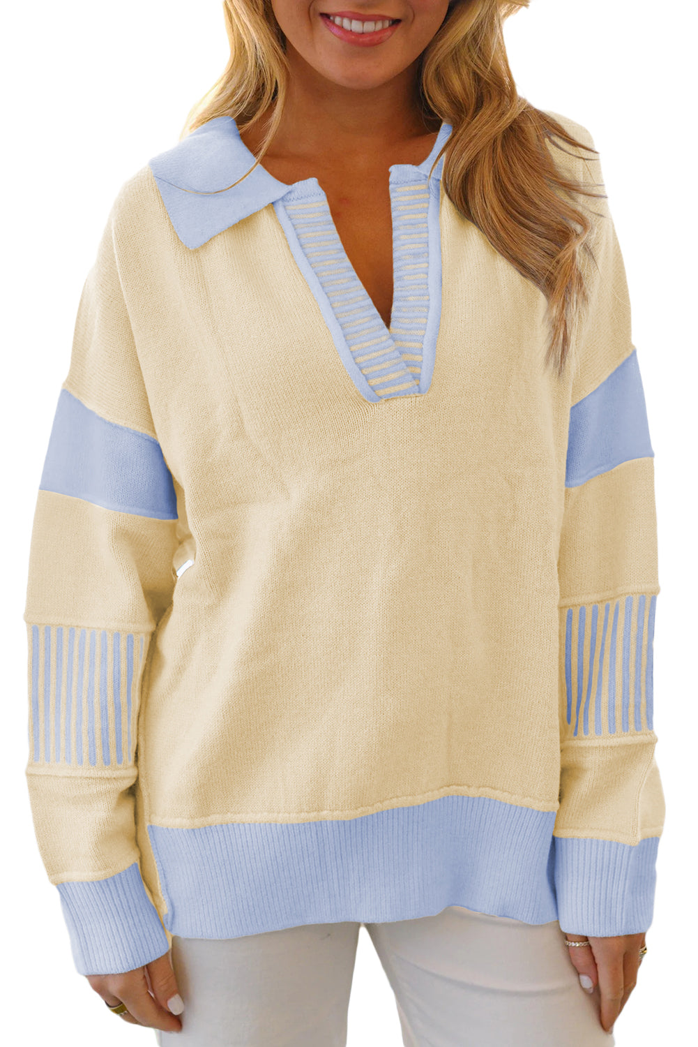 Pink Striped V Neck Collared Colorblock Patchwork Sweater c4199af41396f969