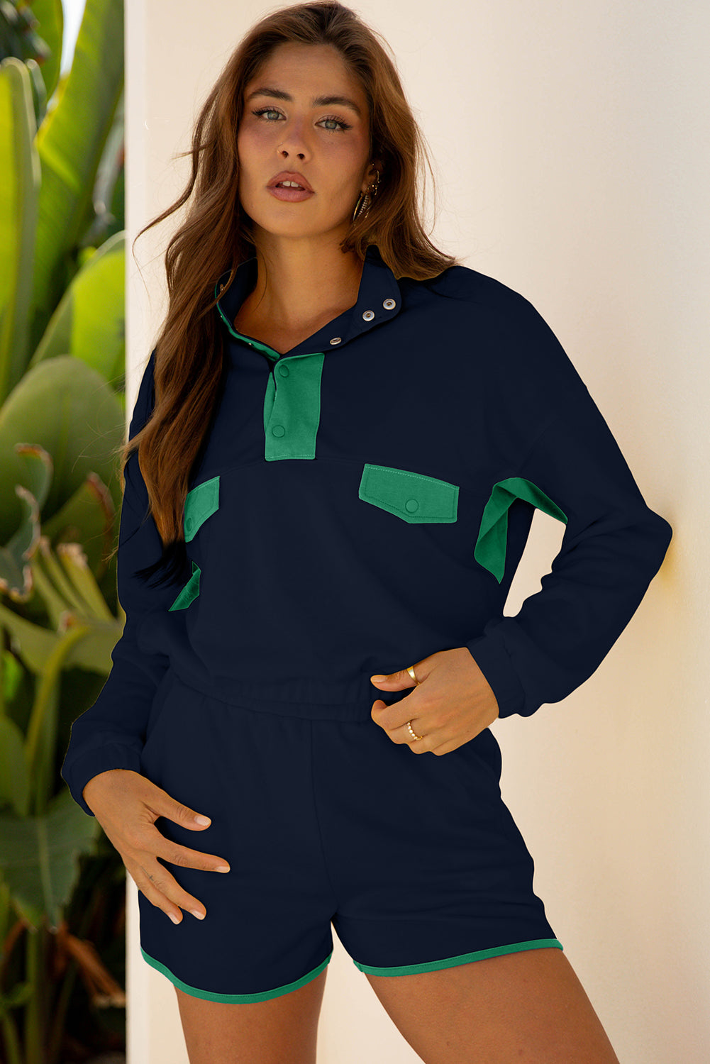 Navy Blue Color Block Patchwork Half Button Pullover and Shorts 2pcs Outfit Navy Blue 80%Polyester+20%Cotton c41a8b6ef707a491