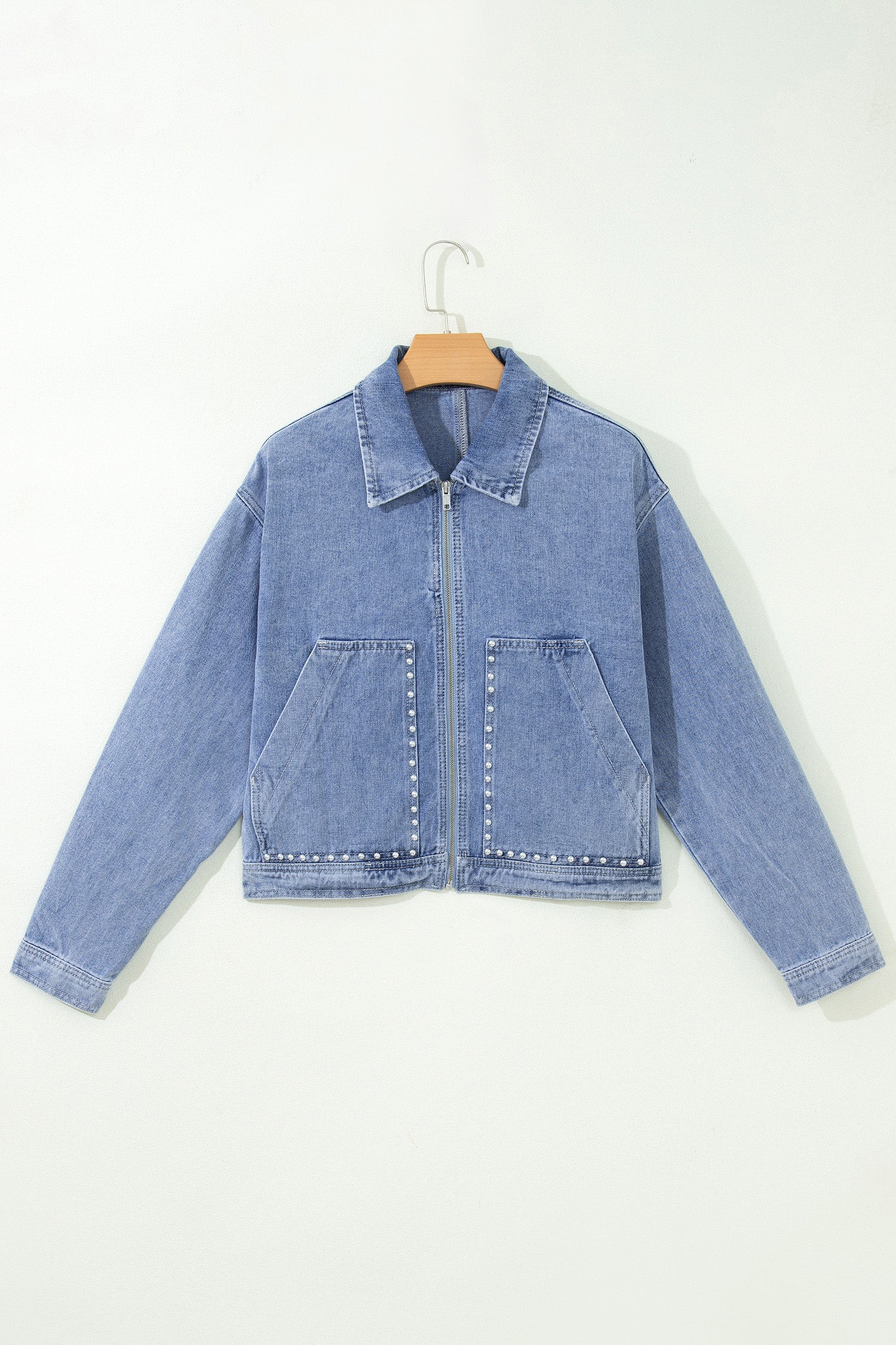 Beau Blue Studded Metal Zipper Rivet Pockets Long Sleeve Denim Jacket c41bab74527cd796