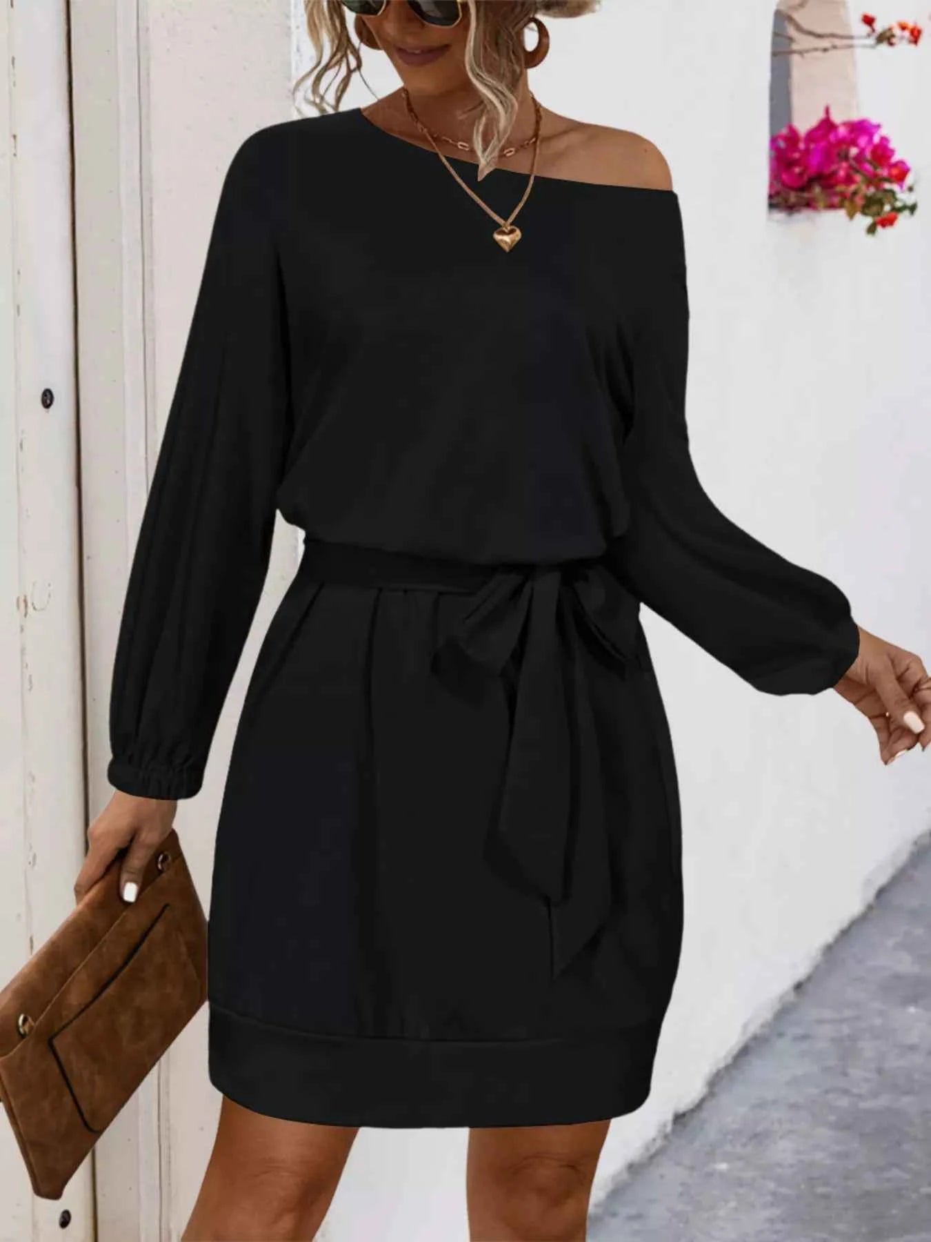 One Shoulder Tie Waist Dress Black c41c15af-66af-43ac-abf7-6dd11c7b62eb-Max-Origin