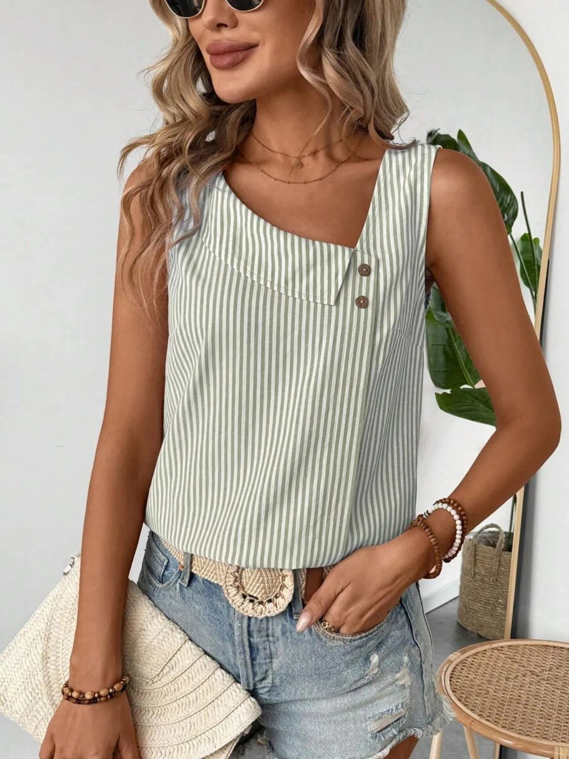 Decorative Button Asymmetrical Striped Tank Sage c4200505-8951-4564-ac55-9e686eecc800-Max-Origin