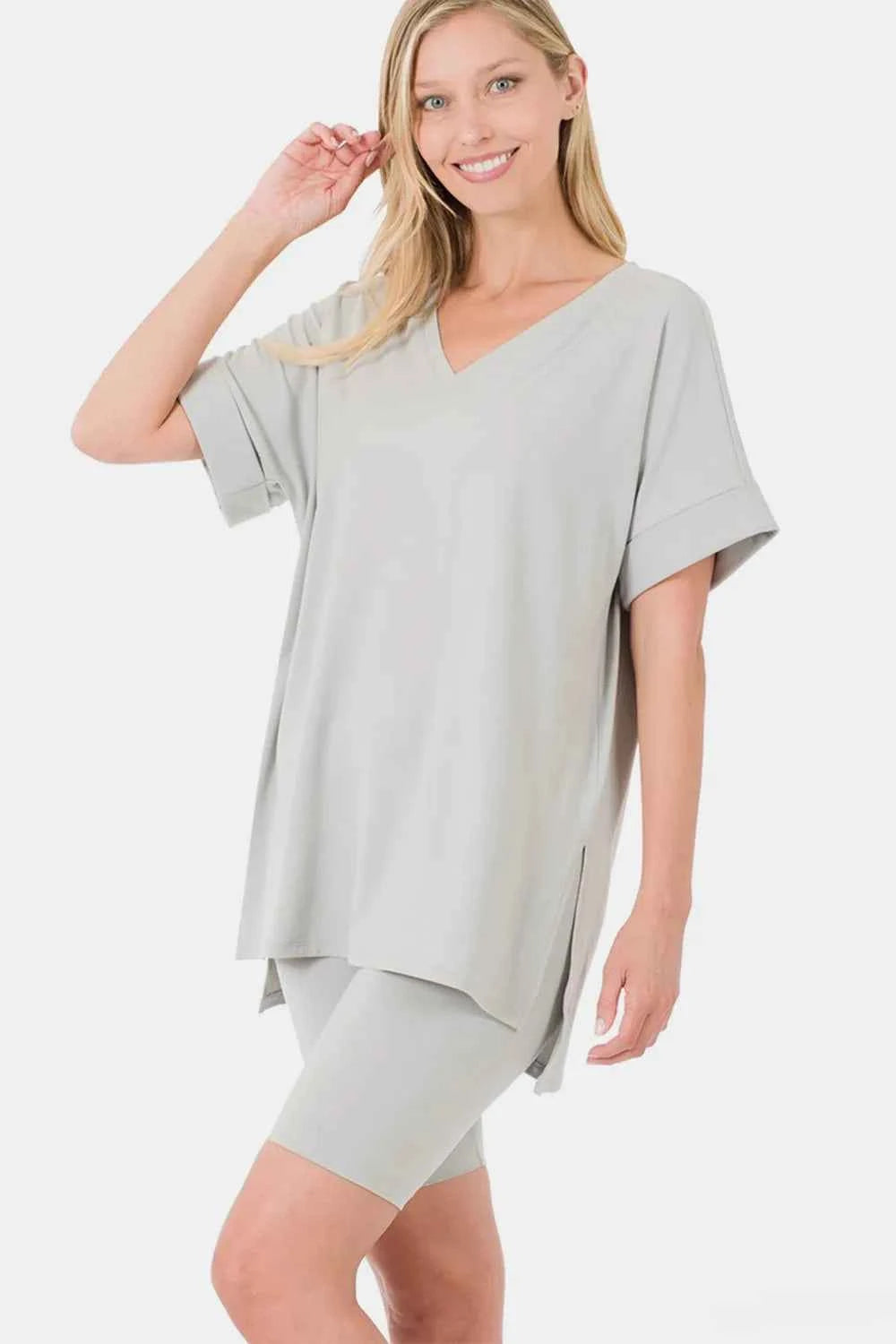 Zenana Full Size V-Neck Short Sleeve Slit T-Shirt and Shorts Set Lt Grey c42281b8-ed62-47dd-9001-abc92518aab1-Max