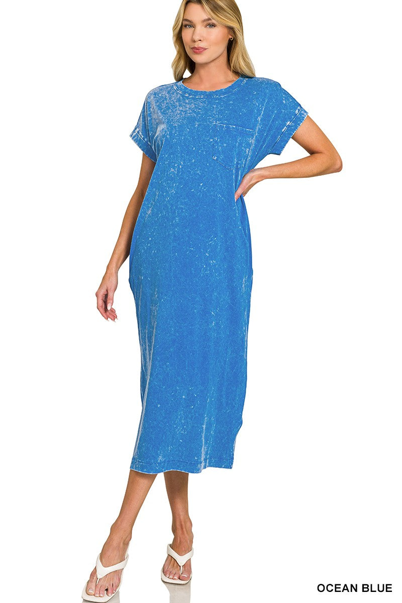 Zenana Washed Exposed Seam Short Sleeve T-Shirt Dress OCEAN BLUE c42300b5514c43d7a4a4348631f39ba8-Max