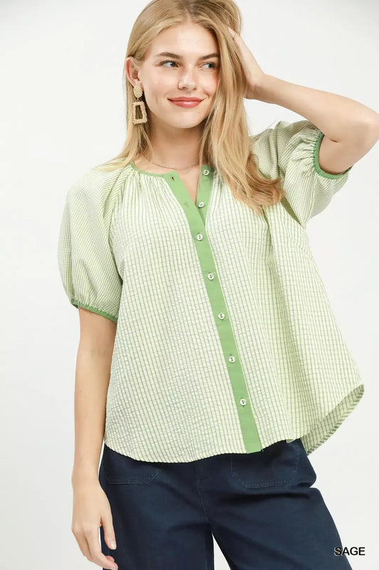 Checker Puff Sleeve Button Front Blouse SAGE c42eceb3-5c32-458f-b5f0-5411b1894c73-Max-Origin