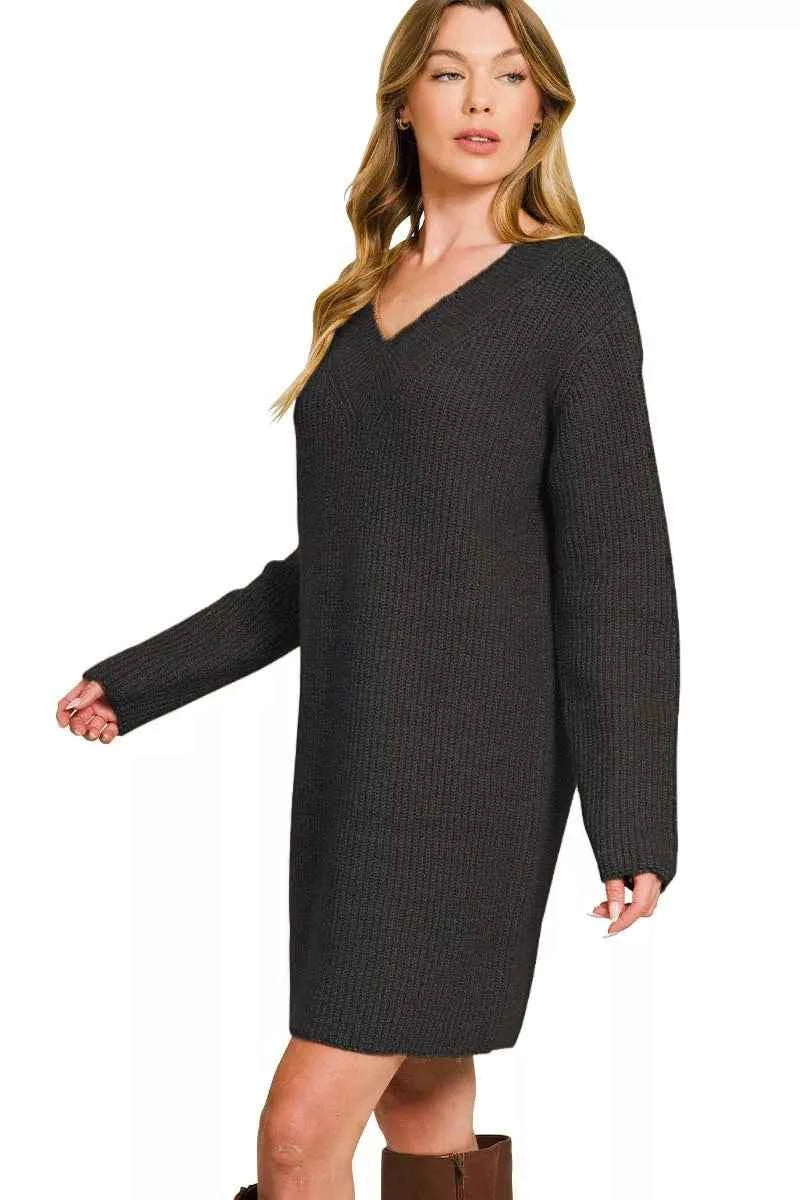 V-Neck Long Sleeve Ribbed Sweater Dress c430cd41-4591-459f-ae6b-51fa88c16f7f-Max-Origin